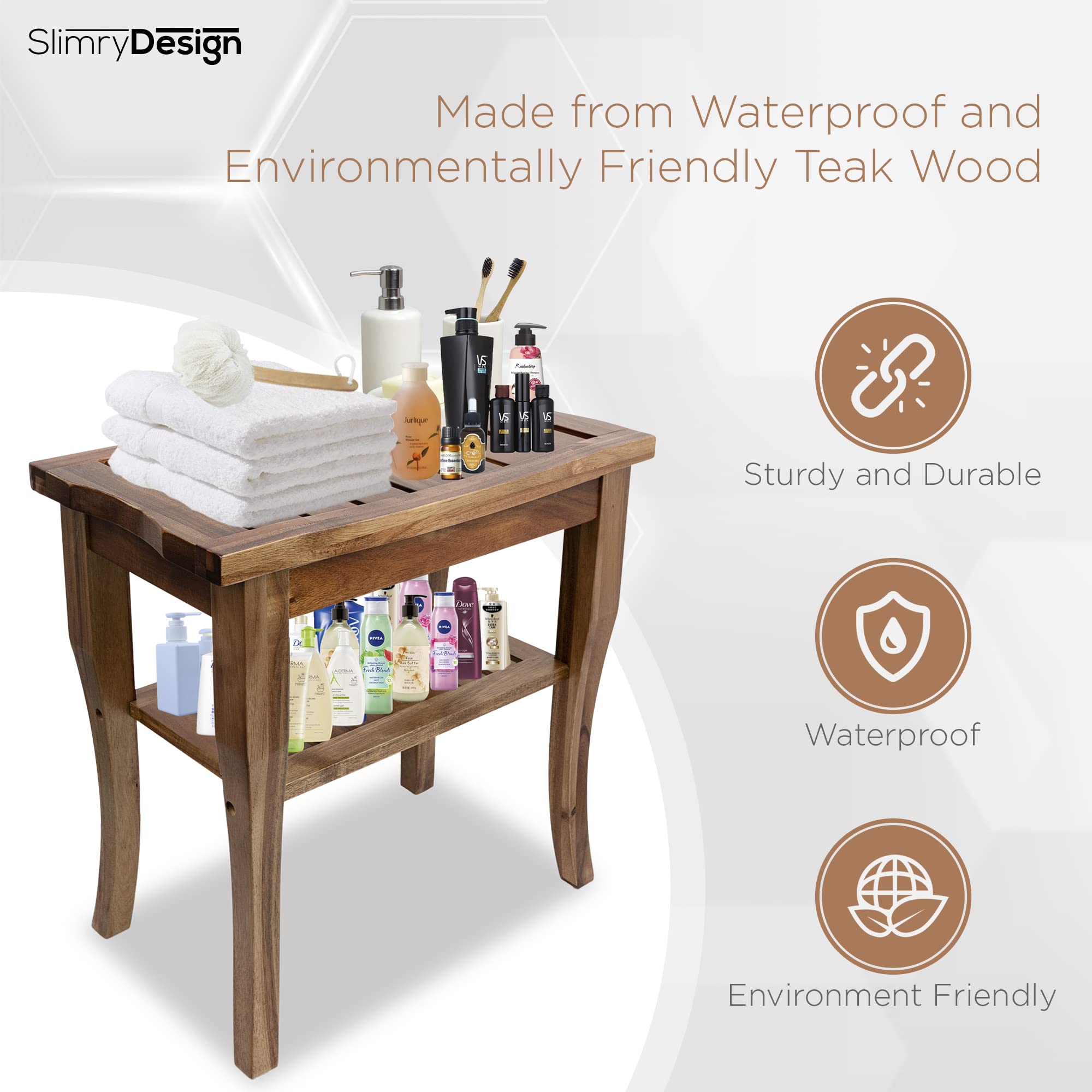 Slimry Design Teak Shower Bench - Solid and Water -Resistant Teak Bench with Storage Shelf Easy to Use Bath Stool with Non-Slip Pads -Assembly Required (Small)