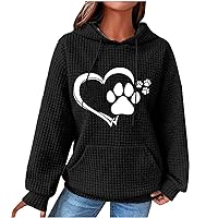 Dog Paw Love Heart Graphic Women's Waffle Hoodies With Pockets Sweatshirt Warm Long Sleeve Pullover Sweater