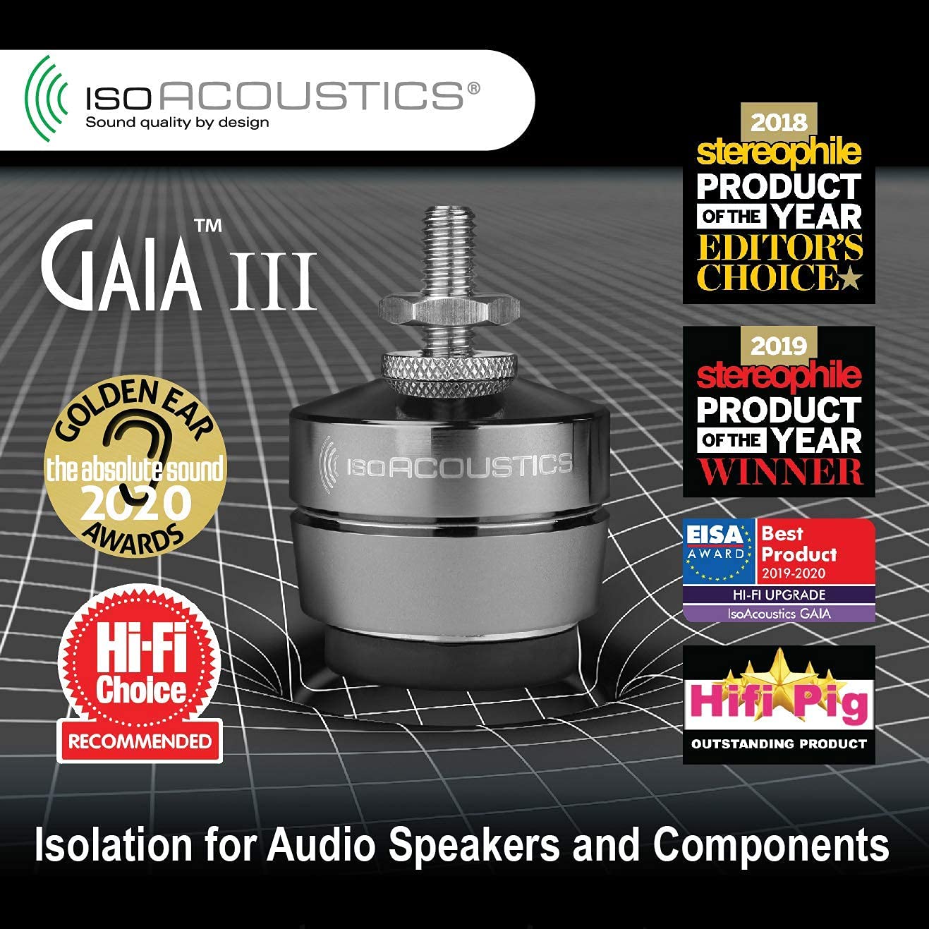 IsoAcoustics Gaia Series Isolation Feet for Speakers & Subwoofers (Gaia III, 70 lb max) – Set of 4