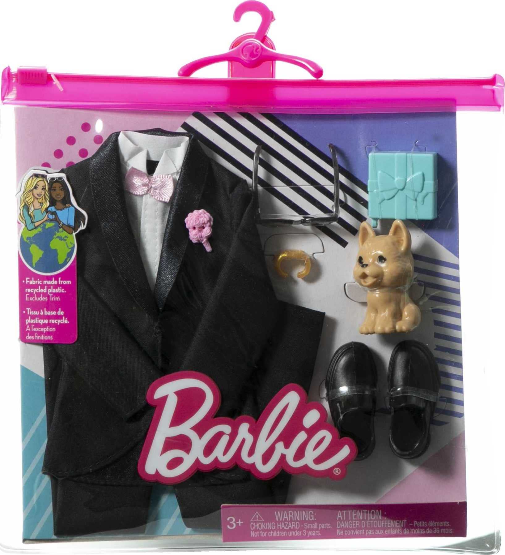 Barbie Fashions Ken Doll Clothes and Accessories Set, Groom On Wedding Day with Tuxedo, Puppy, Sunglasses and More