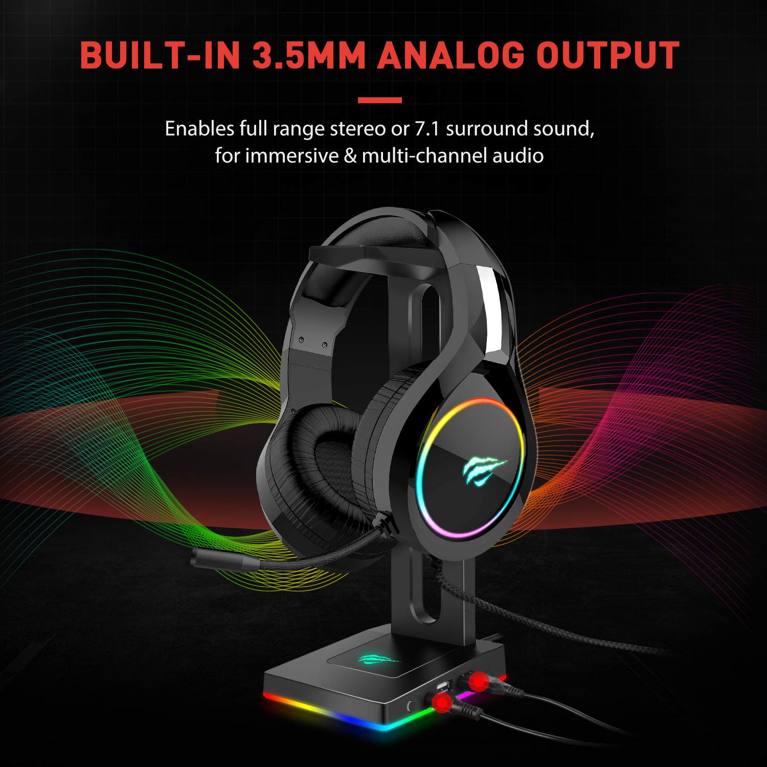 Havit RGB Headphones Stand with 3.5mm AUX and 2 USB Ports, Headphone Holder for Gamers Gaming PC Accessories