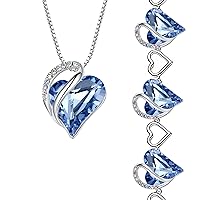 Leafael Infinity Love Heart Necklace and Bracelet for Women, March Birthstone Crystal Jewelry, Silver Tone Bundle Gifts for Women, Light Sapphire Blue