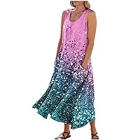 Flowy Dresses for Women Summer Loose Round Neck Printed Sleeveless Large Swing Dress with Pockets