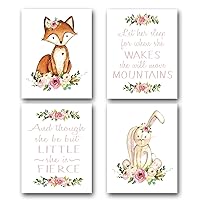 Set of 4 Woodland Fox and Bunny Nursery Wall Art Print with Flowers Baby Girl Room Decor Woodland Nursery art, Fox Art prints, Fox Nursery decor Little But Fierce Move Mountains