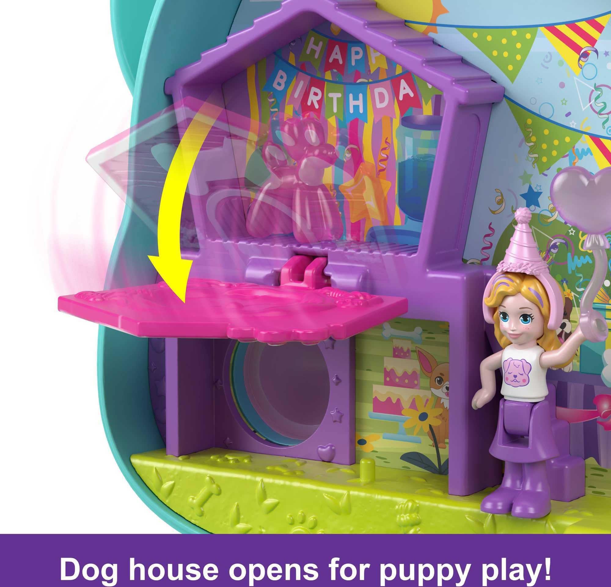 Polly Pocket Compact Playset, Doggy Birthday Bash with 2 Micro Dolls & Accessories, Travel Toys with Surprise Reveals