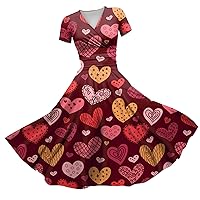 Women's Valentines Dress Princess Dress Sexy V-Neck Valentine's Day Print Waist Pull Pleated Short Dress, S-3XL