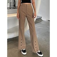 Pants for Women Women's Pant Button Detail Flare Leg Pants Pants (Color : Camel, Size : X-Large)