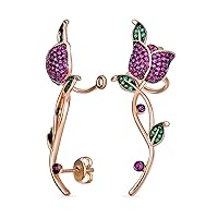 3D Wire Reddish Pink Cubic Zirconia Garden Insect Butterfly Micro Pave Flower Red Rose Flower Helix Ear Pin Climber Crawler Cartilage Lobe Earrings For Women Teen Rose Gold Plated Brass