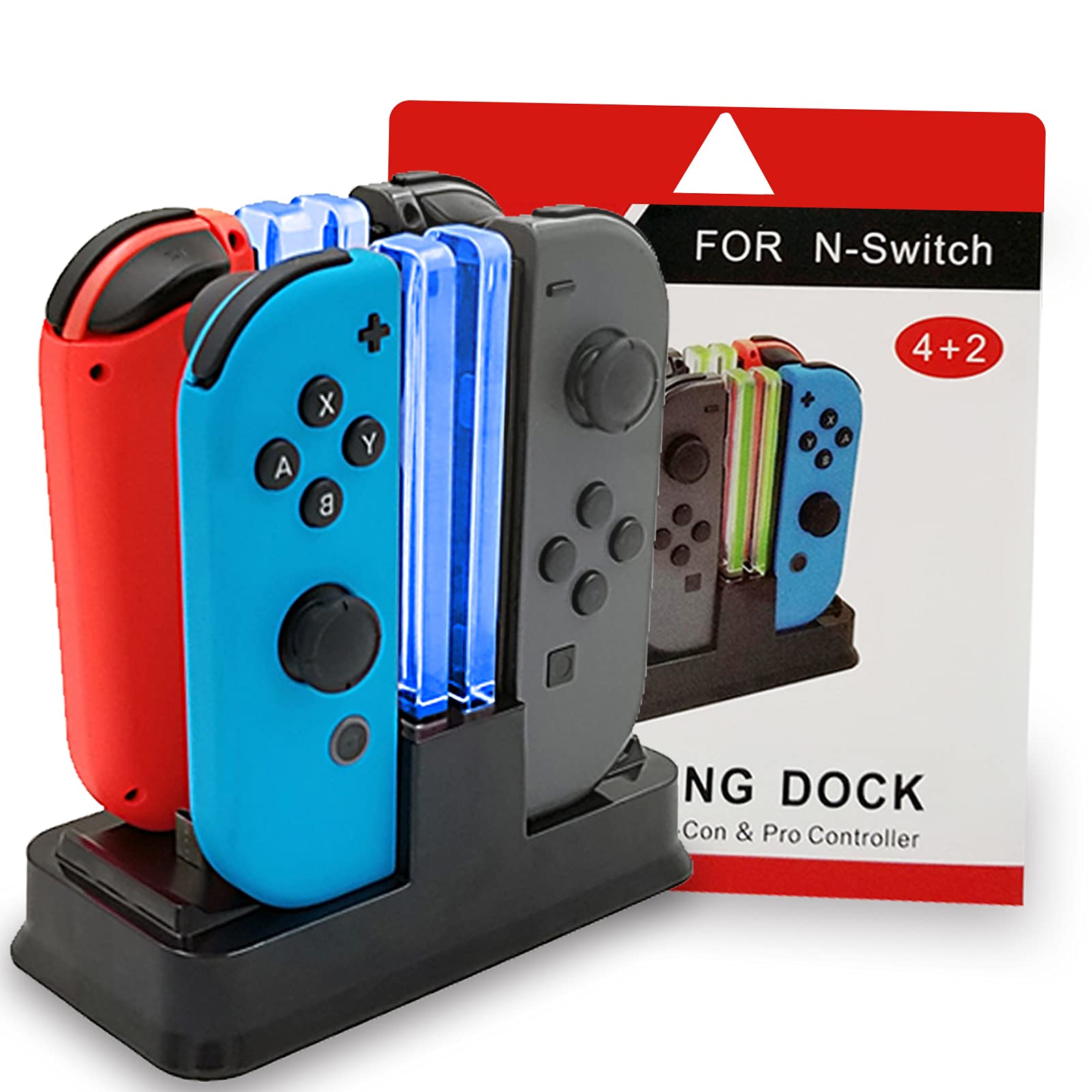 Controller Charger for Nintendo Switch, 4 in 1 Charging Dock Station Support 4 Joycon or 2 Pro Controllers to Charge simultaneously, with LED Charging ndicator and Type C Charging Cable