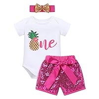 IMEKIS Toddler Baby Girls Melon Birthday Outfit Rainbow Romper Shirt + Shiny Shorts + Headband Kids Cake Smash Clothes 1-5T