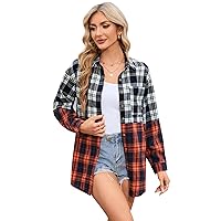 KOJOOIN Women's Oversized Casual Plaid Shirt with Contrast Color Button Down Lapel Collar Blouses