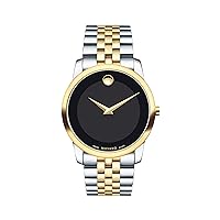 Movado Men's Museum Two Tone Watch with Concave Dot Museum Dial, Gold/Black & Brown Strap (606899)