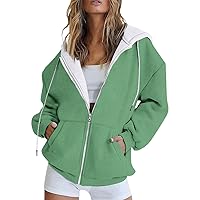 Women Aesthetic Oversized Zip Up Hoodie Casual Long Sleeve Drawstring Jackets Trendy Fall Outfits with Pockets