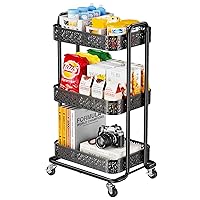3 Tier Utility Rolling Cart, Heavy-Duty Metal Rolling Carts with Wheels and Vintage Floral Mesh Baskets, Multifunctional Rolling Storage Cart, Easy Assembly for Kitchen, Office, Bathroom
