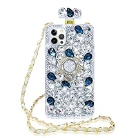 Losin Perfume Bottle Case Compatible with iPhone 13 Pro Max 6.7 inch Case Luxury Bling Diamond Gemstone Perfume Bottle 3D Bling Rhinestones Ring Holder Stand Bracket Soft TPU Case Blue