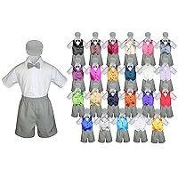 Baby Toddler Boy Formal Party Suit Gray Shorts Shirt Hat Bow tie Vest Set Sm-4T