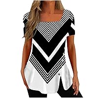 Square Neck Tops for Women Summer Short Sleeve Tunic T-Shirts Buttons Side Slit Flowy Shirts Casual Printed Loose Blouse Tees