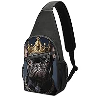 Funny French Bulldog Frenchie with A Golden Crown Crossbody Sling Backpack Adjustable Straps Chest Bag for Hiking Traveling Outdoors