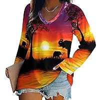 African Animals at Sunset Women's Long Sleeve Shirts Athletic Workout T-Shirts V Neck Sweatshirts Casual Tops