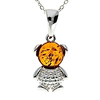Genuine Round Baltic Amber & Sterling Silver Modern Teddy Bear Pendant without Chain - GL2025