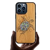 Carveit Designer Wooden Protective Case for iPhone 15 Pro Max Magnetic Case Cover [Wood Engraving & Shell Inlay] Compatible with 15 Pro Max MagSafe Case (Sea Turtle-Cherry)