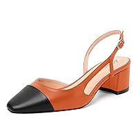 Womens Two Tone Buckle Matte Evening Square Toe Slingback Dress Chunky Low Heel Pumps Shoes 2 Inch
