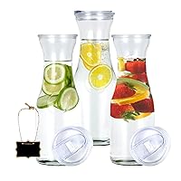 Glass Carafe With Lids & Tags, Beverage Dispensers Jugs For Mimosa Bar, Glass Pitcher Wine Iced tea Milk and Juice, water pitcher for fridge with sliding Lids, Dishwasher Safe, 33 oz, Set of 3