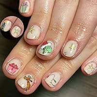 Christmas Press on Nails Short Square Christmas Fake Nails White with Cute Design Cartoon Design Acrylic Glossy Artificial Full Cover Stick on Nails Winter Xmas False Nails for Women and Girls24Pcs