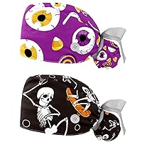 Happy Halloween Bouffant Hat with Ribbon Ties & Button 2 Packs Scrub Caps Women Long Hair One Size Working Head Cover