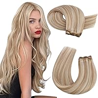 Moresoo Weft Hair Extensions Human Hair Highlights Remy Hair Extensions Sew in Blonde with Dark Golden Blonde Sew in Hair Extensions 16Inch 100G
