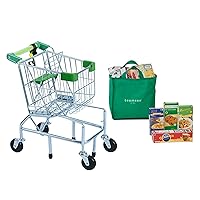 Teamson Kids Little Helper Dallas Play Shopping Cart with Fold-Out Seat, Pretend Food, Grocery Bag - for 3yrs and Up, Pretend Play Store, Chrome/Green