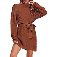 Pink Queen Women's 2023 Fall Sweater Dresses Turtleneck Batwing Long Sleeve Ribbed Knit Mini Short Dress with Belt