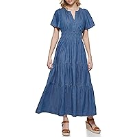 Tommy Hilfiger Womens Tiered Split Neck Short Sleeve Casual Dress, Medium Benson, 16 US