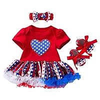 Baby Girl Short Sleeve Independence Day Printed Newborn Bodysuit Hairband Shoes 3 Set Baby Snap up