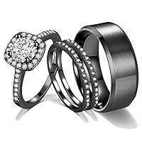 Ahloe Jewelry CEJUG 2Ct 18k Black Gold Wedding Ring Sets for Women and Men Hers His Titanium Bands Stainless Steel Couple Rings Cz