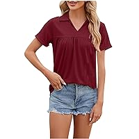 Women Lapel T-Shirt Casual Pleated Loose Summer Tops Solid Short Sleeve Workout Tee Sexy V Neck Dressy Blouse Tunic