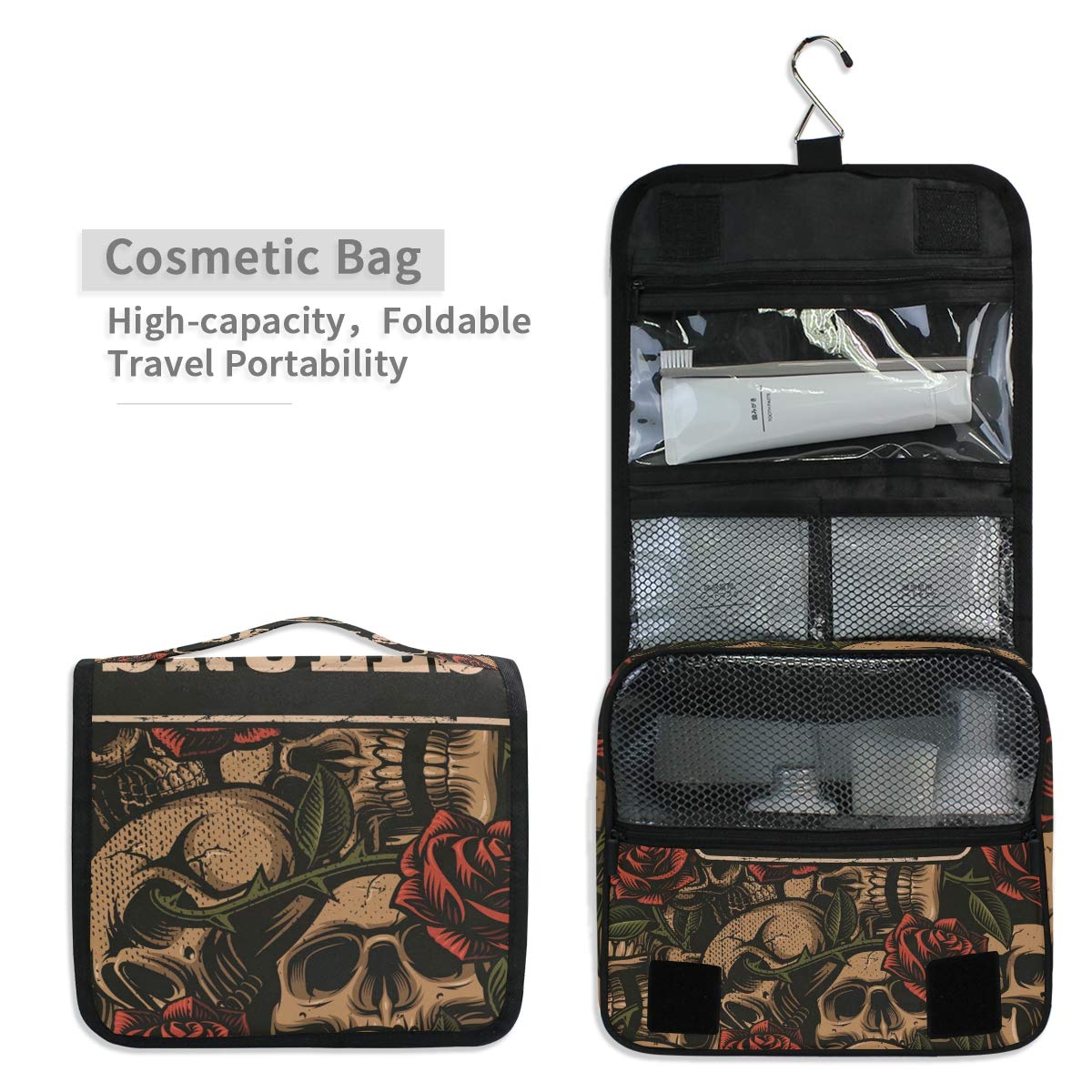 ALAZA Skull With Rose Vintage Travel Toiletry Bag Hanging Multifunction Cosmetic Case Portable Makeup Pouch Organizer with Hook