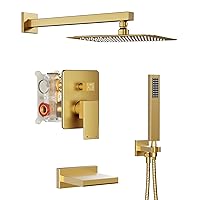 Holispa Gold Shower System with Tub Spout, All Metal Tub Shower Faucet Set with 10” Rain Shower Head and Handheld Spray combo, Wall Mounted Tub Shower Systems with Valve and Trim Kit, Brushed Gold