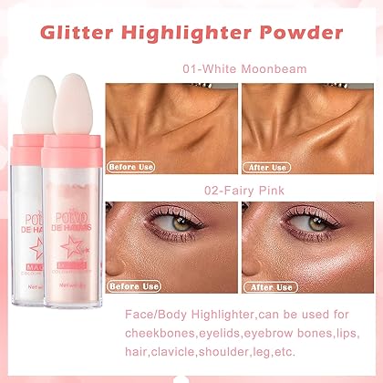 DAGEDA 2Pcs Body Glitter Powder, Shimmer Face Body Highlighter Powder, High Gloss Fairy Glitter Sparkle Loose Powder Makeup for Hair Body Cosmetics with Bright Luster（White and Pink）