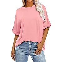 Women Fashion Crewneck Half Sleeve Solid/Strip Casual Loose Basic Tops Lightweight Cute Oversized T Shirts Summer Tops