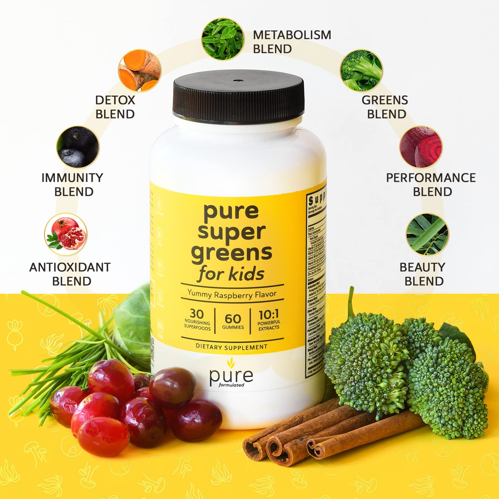 Pure Super Greens Multivitamin Gummies for Men & Women - Adult and Kids vitamin Gummies Immune Support Gummies and Supplements for Digestive with Vitamin A, B, C, E, K - Vegan Chewables Made with 30 S