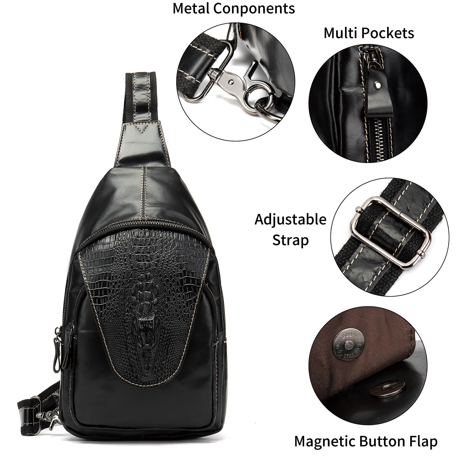 NIUCUNZH Handmade Genuine Leather Crossbody Sling Bag Crocodile Embossing Chest Bag Waterproof Shoulder Bag