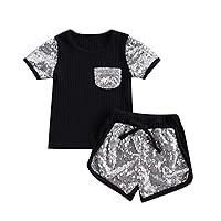 Toddler Baby Girl Clothes Outfits Sequins Pocket Knitted Short Sleeve T-shirts and Shorts