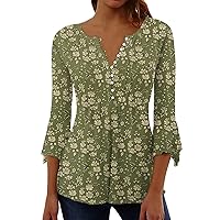 3/4 Sleeve Tops for Women Summer Casual V Neck Button Down Shirts Elegant Floral Printed Slim Fit Tunic Blouse