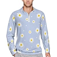 Cute Daisy Pattern Mens Long Sleeve Polo Shirts Zippered Quarter Sweatshirts Golf Tennis T-Shirt Tops