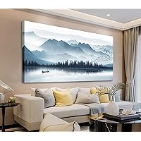 arteWOODS Indigo Canvas Wall Art Misty Mountain Wall Pictures Foggy Lake Boat Canvas Painting Blue Forest Birds Canvas Wall Decor for Living Room Wall Decorations Framed Ready to Hang 30
