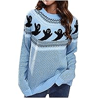 Halloween Women's Cute Ghost Sweater Vintage Fair Isle Pattern Crewneck Knitted Pullover Casual Long Sleeve Tops