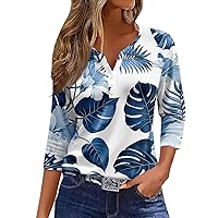 3/4 Sleeve T Shirts for Women Henley V Neck Summer Button Down Shirts Tunic Top Spring Elbow Sleeve Floral Print Blouse