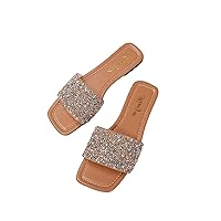 GORGLITTER Women's Rhinestone Sandals Glitter Strappy Sequin Shoes Square Toe Slide Flat Sandals