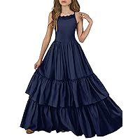 Kids4ever Girls Long Strap Dress Ruffle Kids Backless Tiered Maxi Dresses Party 6-13 Years
